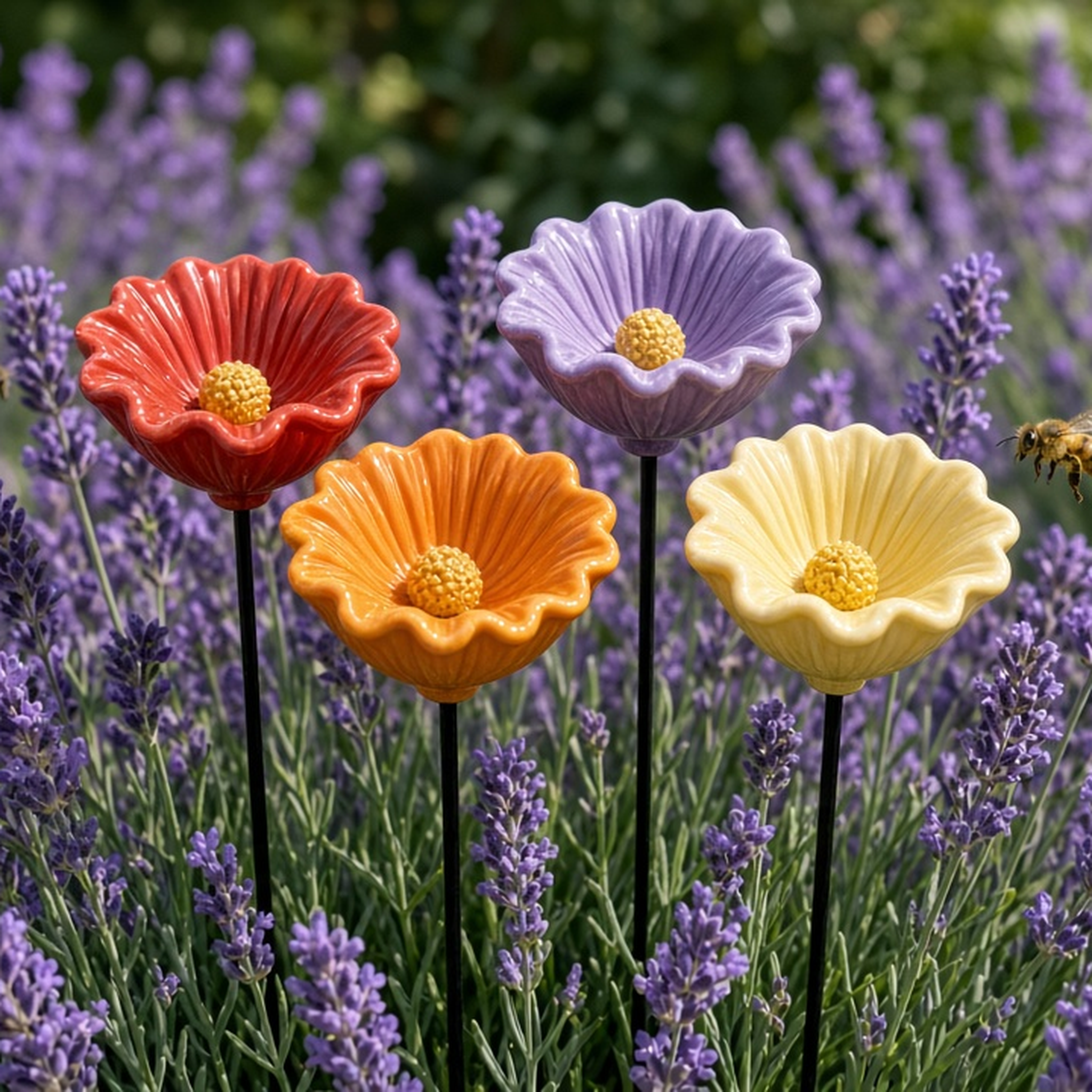 Ceramic poppy bowls among real flowers