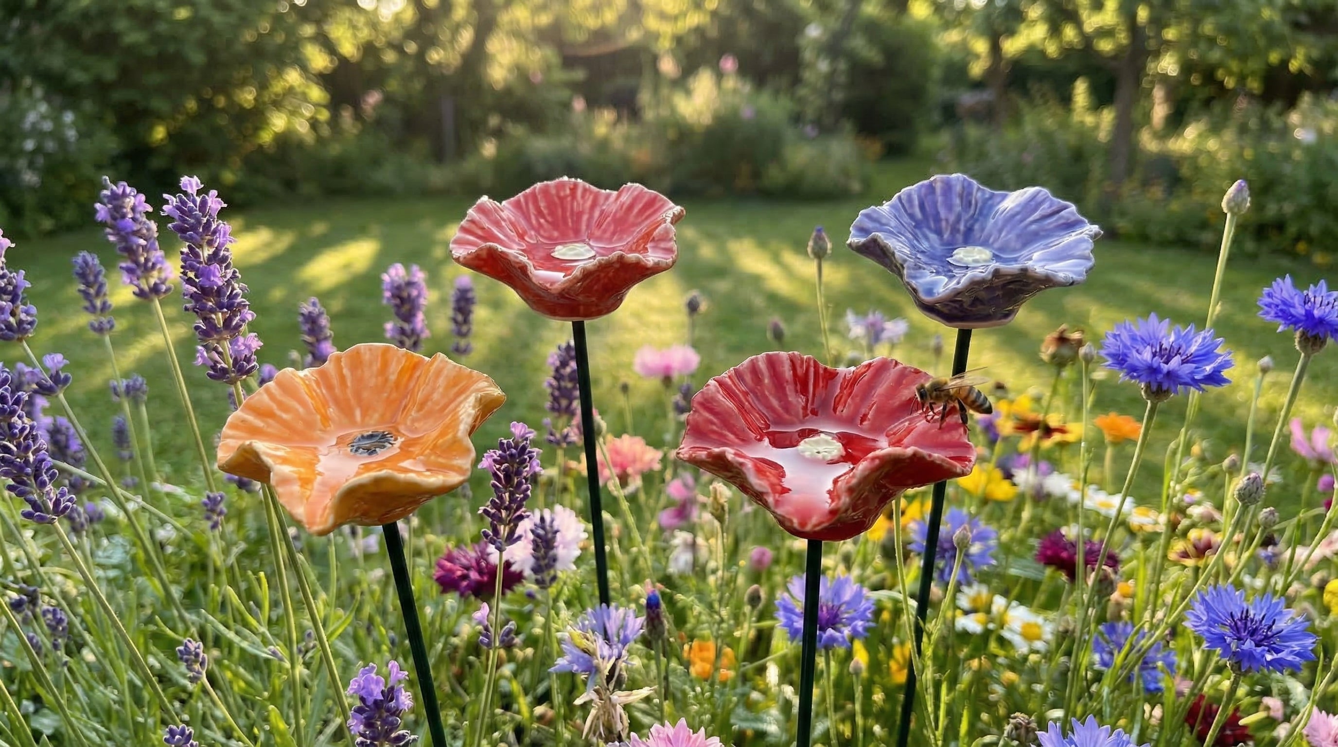 Ceramic poppy bowls among real flowers