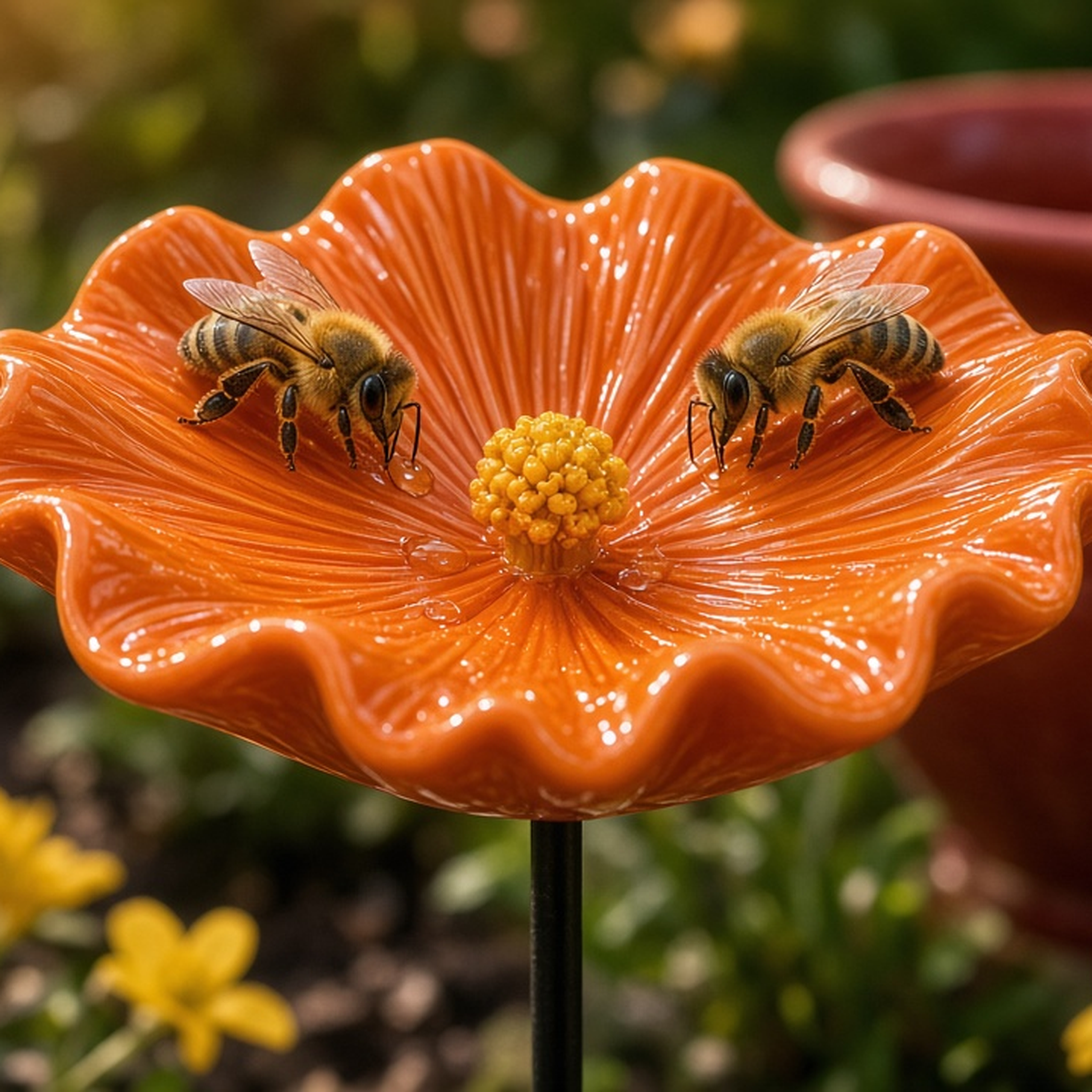 Two honeybees drinking from an orange ceramic poppy bowl