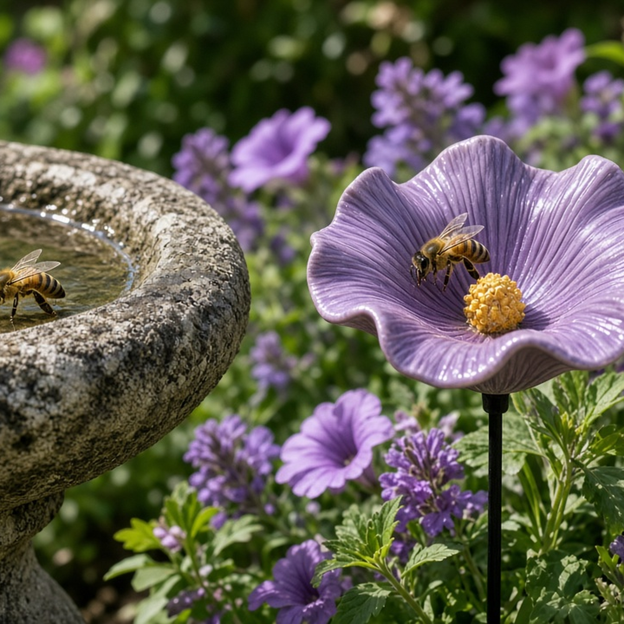 A stone birdbath next to a purple ceramic poppy bowl with a bee drinking