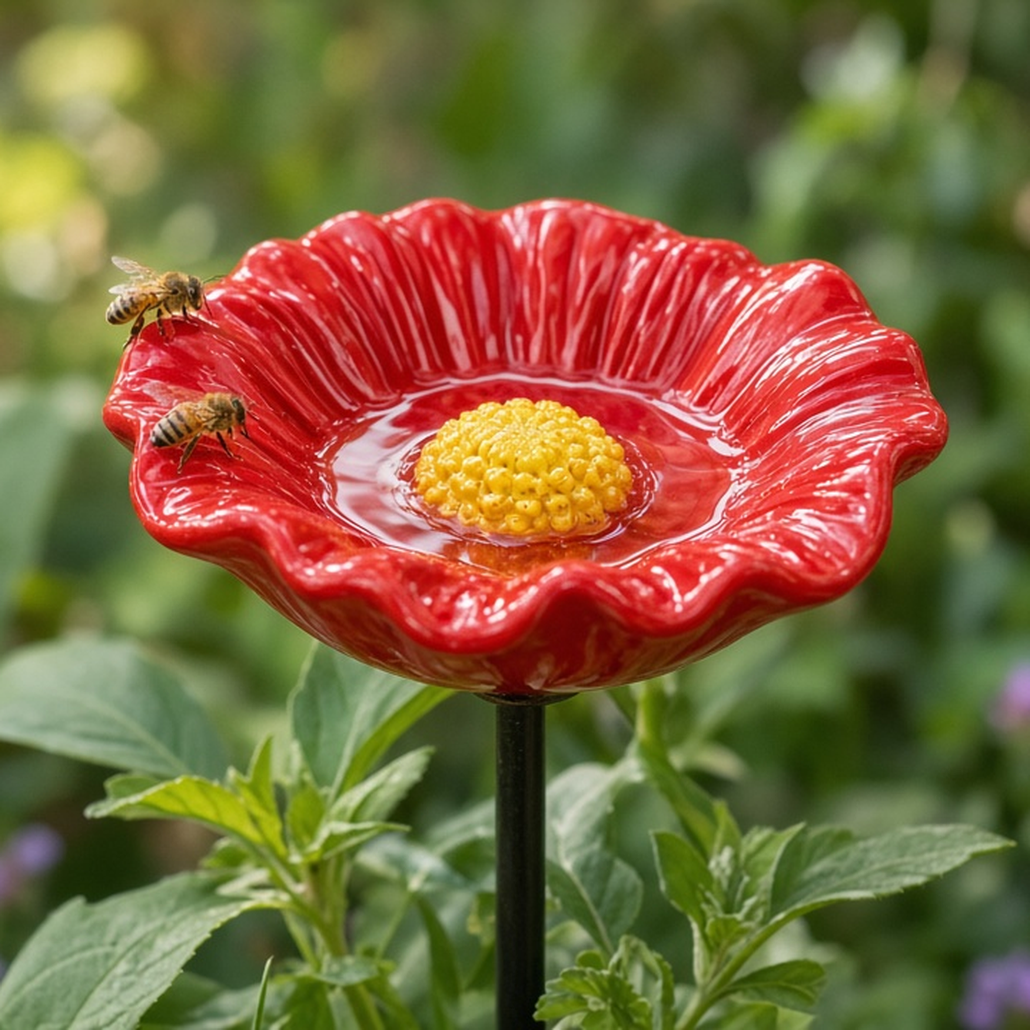 Close-up of bees on a red ceramic poppy bowl filled with water