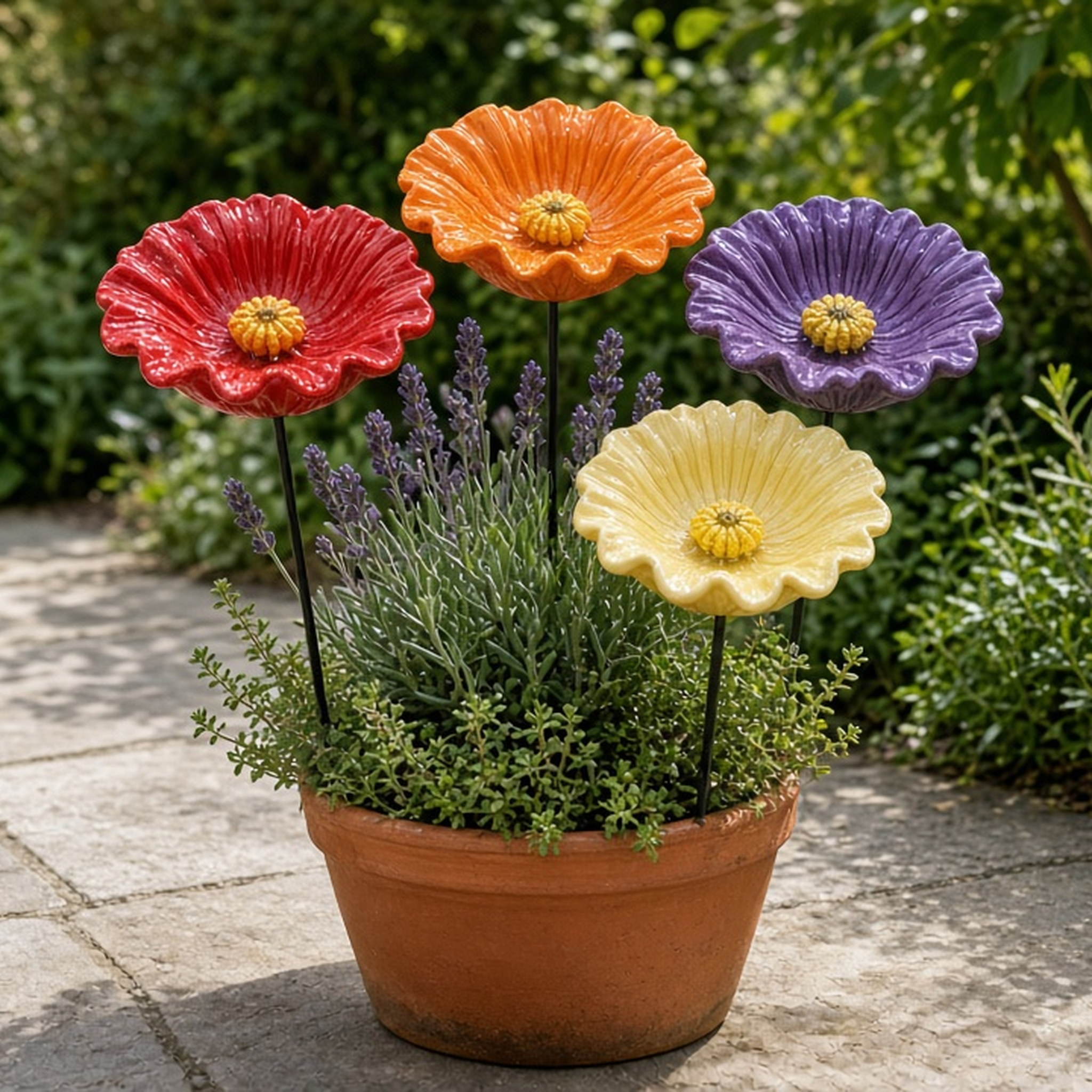 Four ceramic poppy bowls on stakes in a terracotta patio pot