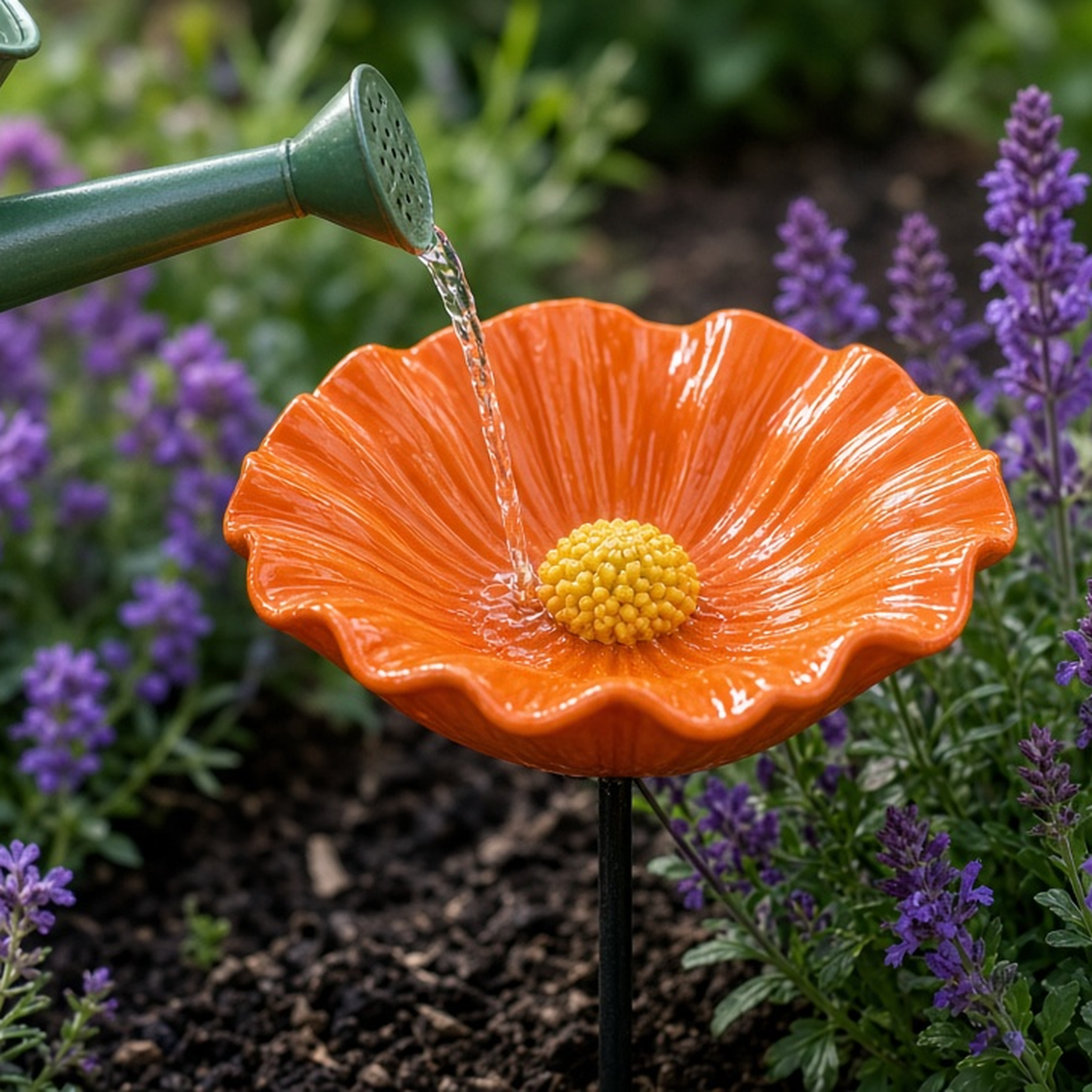 A watering can refilling an orange ceramic poppy bowl